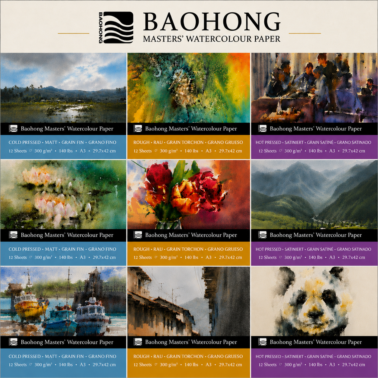 Baohong Masters Watercolour Paper Pads 300gsm 12 Sheets