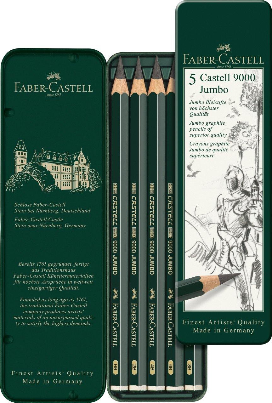 Faber-Castell Graphite Pencil Castell 9000 Jumbo Tin of 5 - Art Supplies Australia