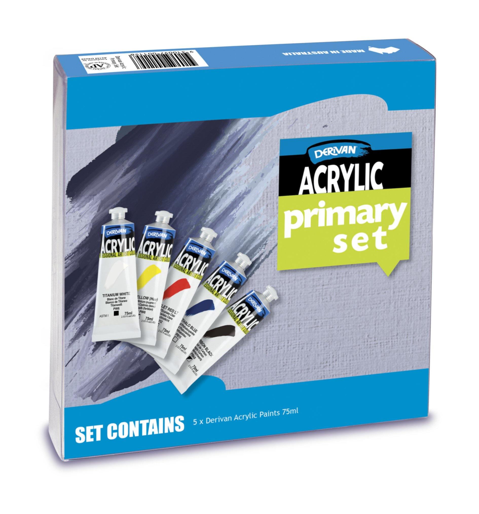 Derivan Artist's Acrylic Paint Primary Set 5X75ml Tubes - Art Supplies Australia