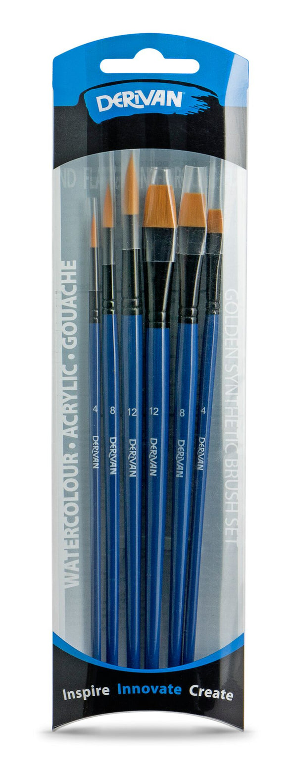 Derivan Professional Short Handle Golden Fine Synthetic Brush Set(A) of 6 - Art Supplies Australia