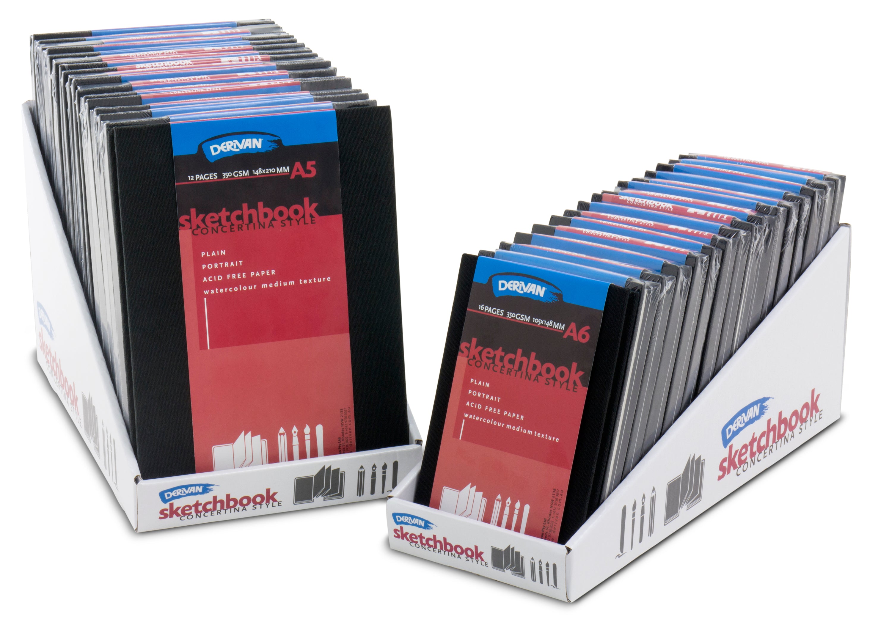 Derivan CONCERTINA SKETCHBOOK 350gsm Acid Free, Watercolour Paper, Portrait Black Cover