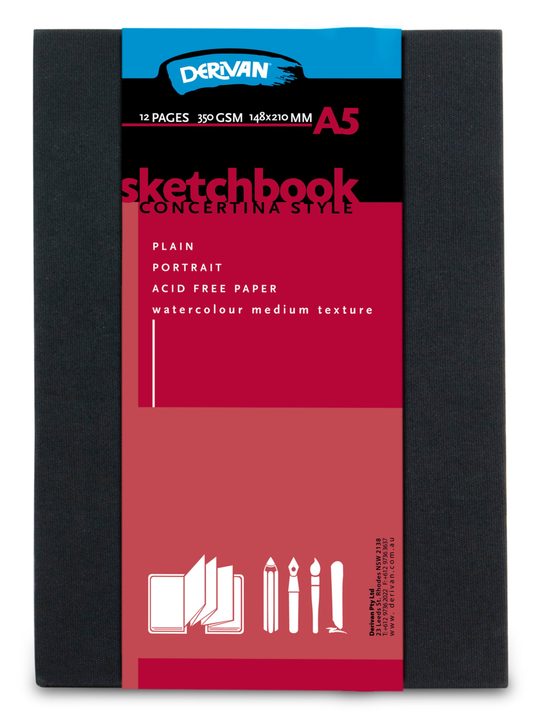 Derivan CONCERTINA SKETCHBOOK 350gsm Acid Free, Watercolour Paper, Portrait Black Cover