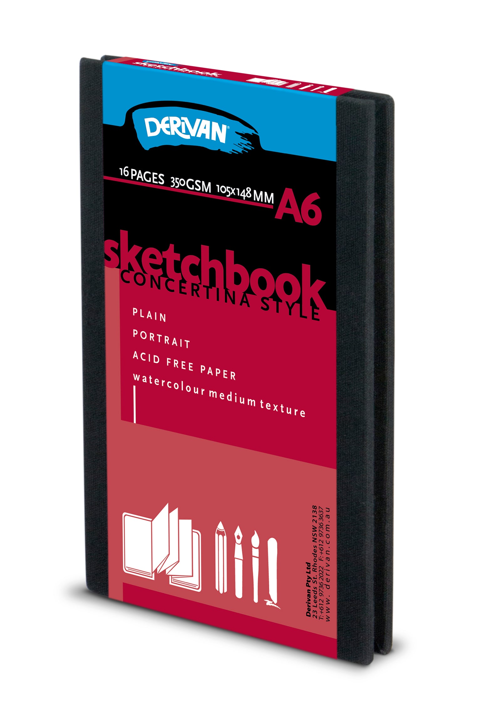 Derivan CONCERTINA SKETCHBOOK 350gsm Acid Free, Watercolour Paper, Portrait Black Cover