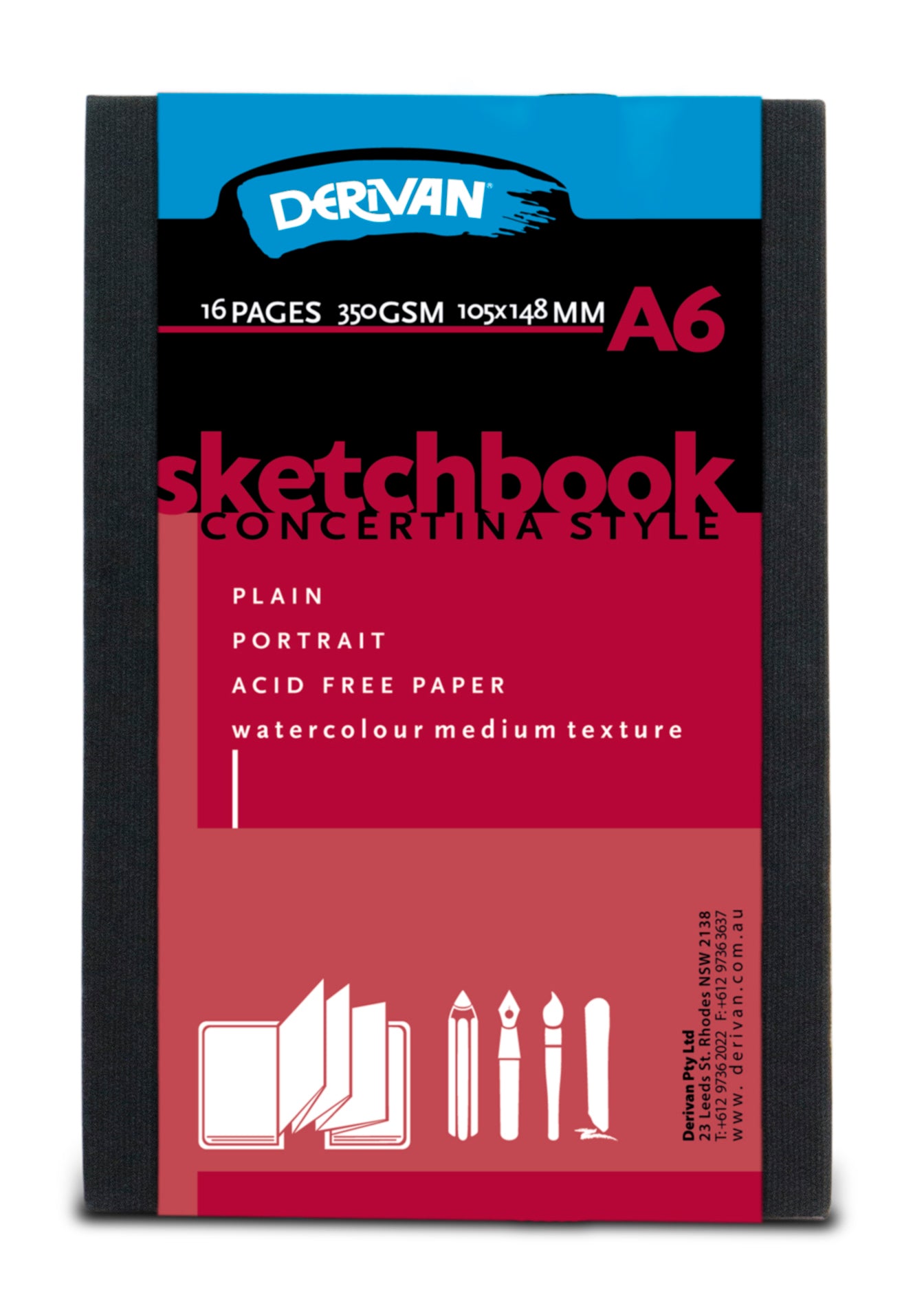 Derivan CONCERTINA SKETCHBOOK 350gsm Acid Free, Watercolour Paper, Portrait Black Cover