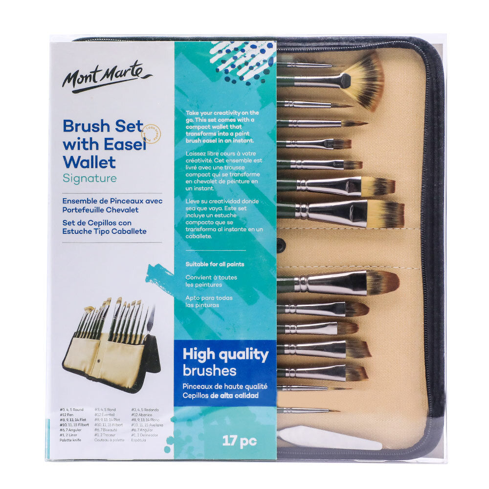 Mont Marte Artist Brush Set w/ Easel Wallet 17pc - Art Supplies Australia