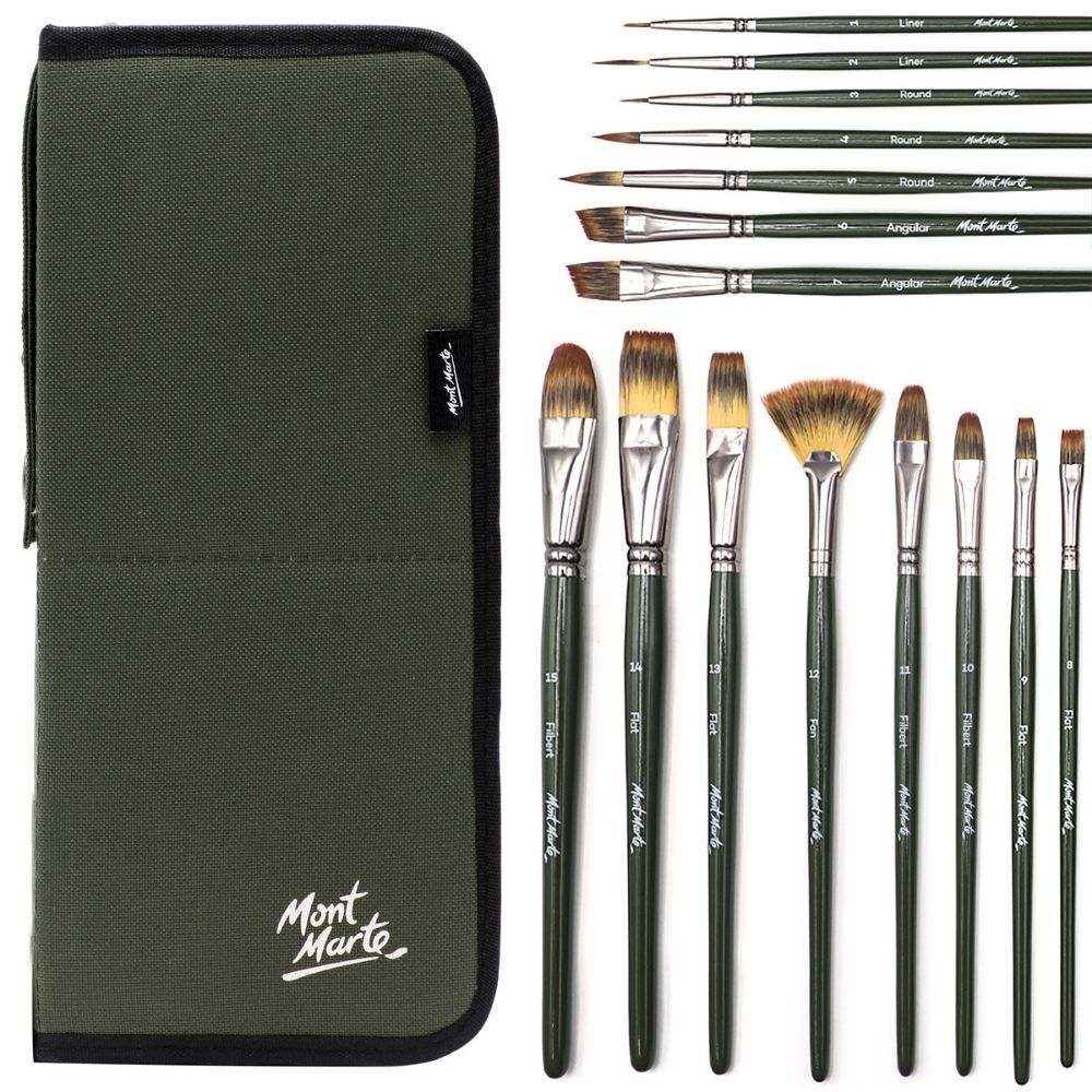 Mont Marte Artist Brush Set w/ Easel Wallet 17pc - Art Supplies Australia