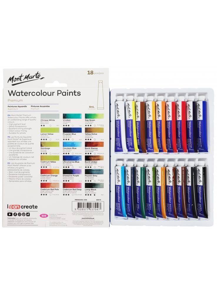 Mont Marte Premium Watercolour Paint Set 18 x 8ml Tubes - Art Supplies Australia