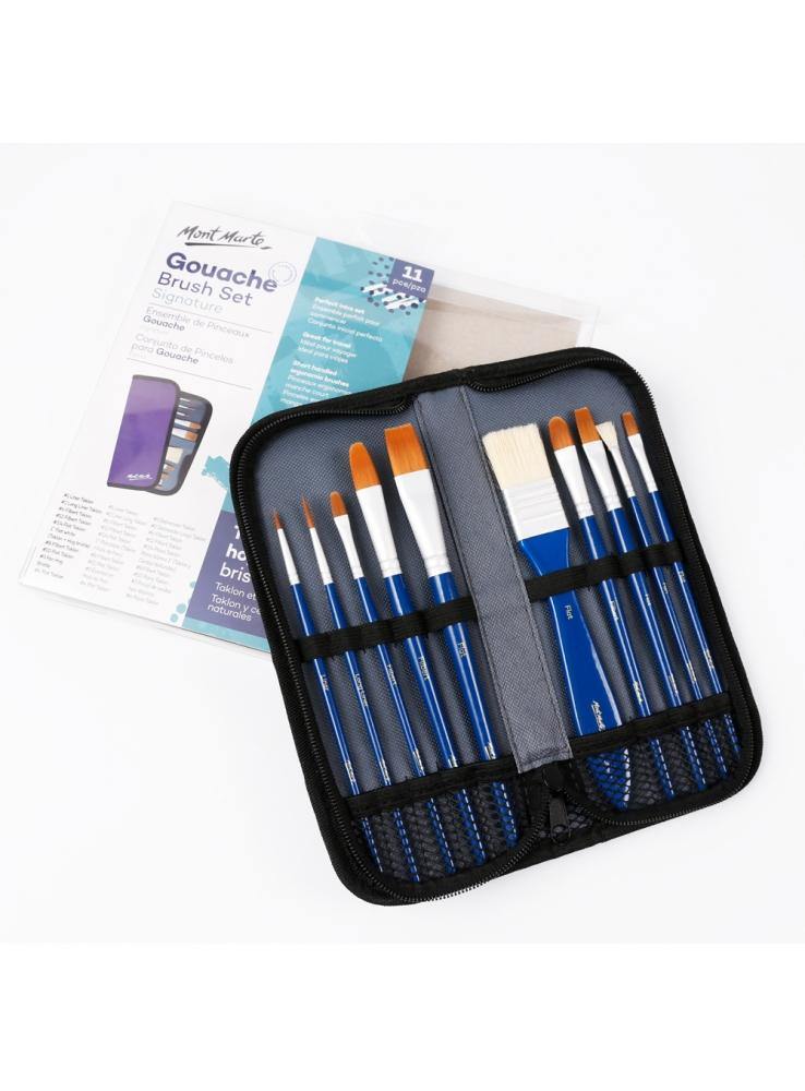 Mont Marte Signature Paint Brush Set - Gouache Mixed Bristle In Wallet 11pc - Art Supplies Australia
