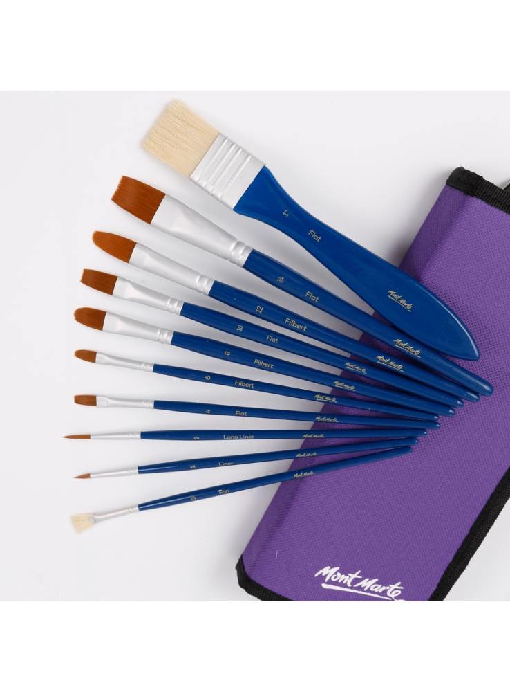 Mont Marte Signature Paint Brush Set - Gouache Mixed Bristle In Wallet 11pc - Art Supplies Australia