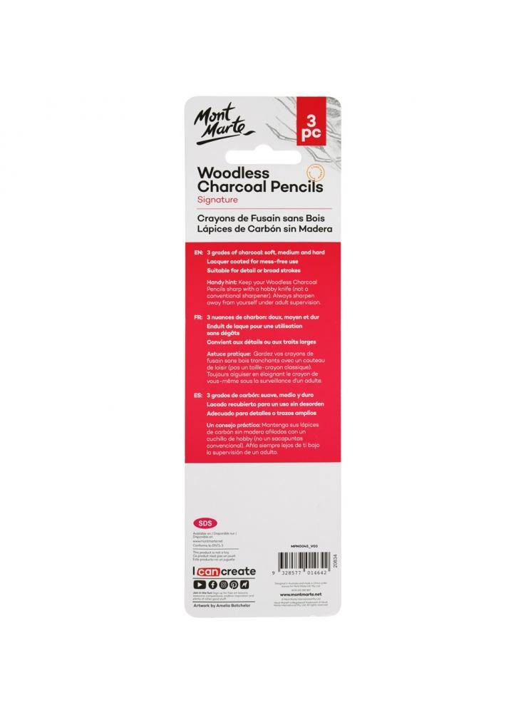 Mont Marte Signature Woodless Charcoal Pencils 3 Pieces - Art Supplies Australia