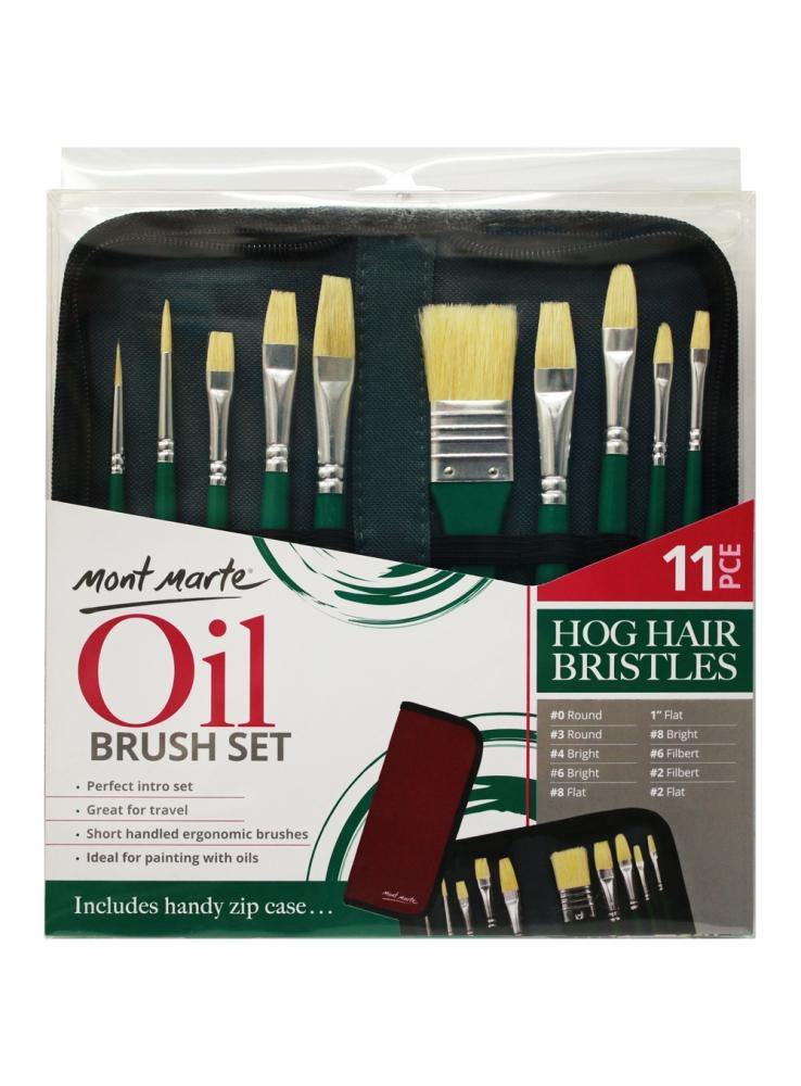 Mont Marte Hog Bristle Brush Set in Wallet 11pce - Oil - Art Supplies Australia