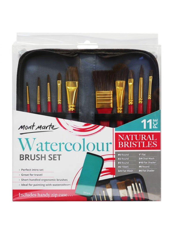 Mont Marte Mixed Bristle Brush Set Wallet 11pce - Watercolour - Art Supplies Australia