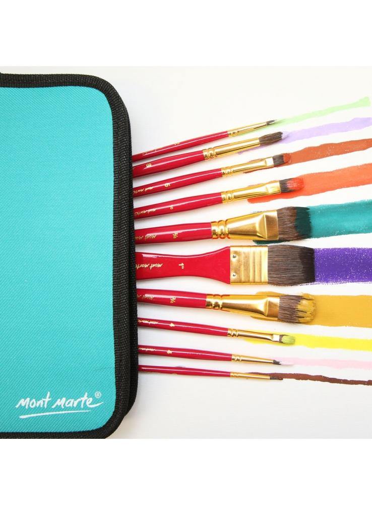 Mont Marte Mixed Bristle Brush Set Wallet 11pce - Watercolour - Art Supplies Australia