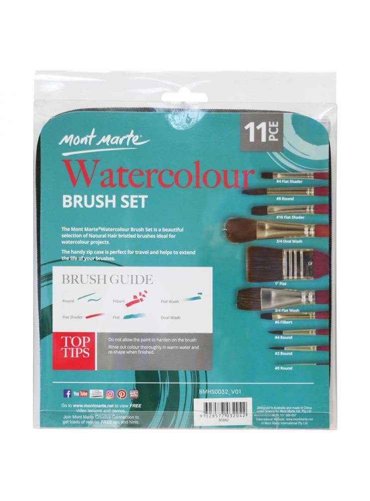 Mont Marte Mixed Bristle Brush Set Wallet 11pce - Watercolour - Art Supplies Australia