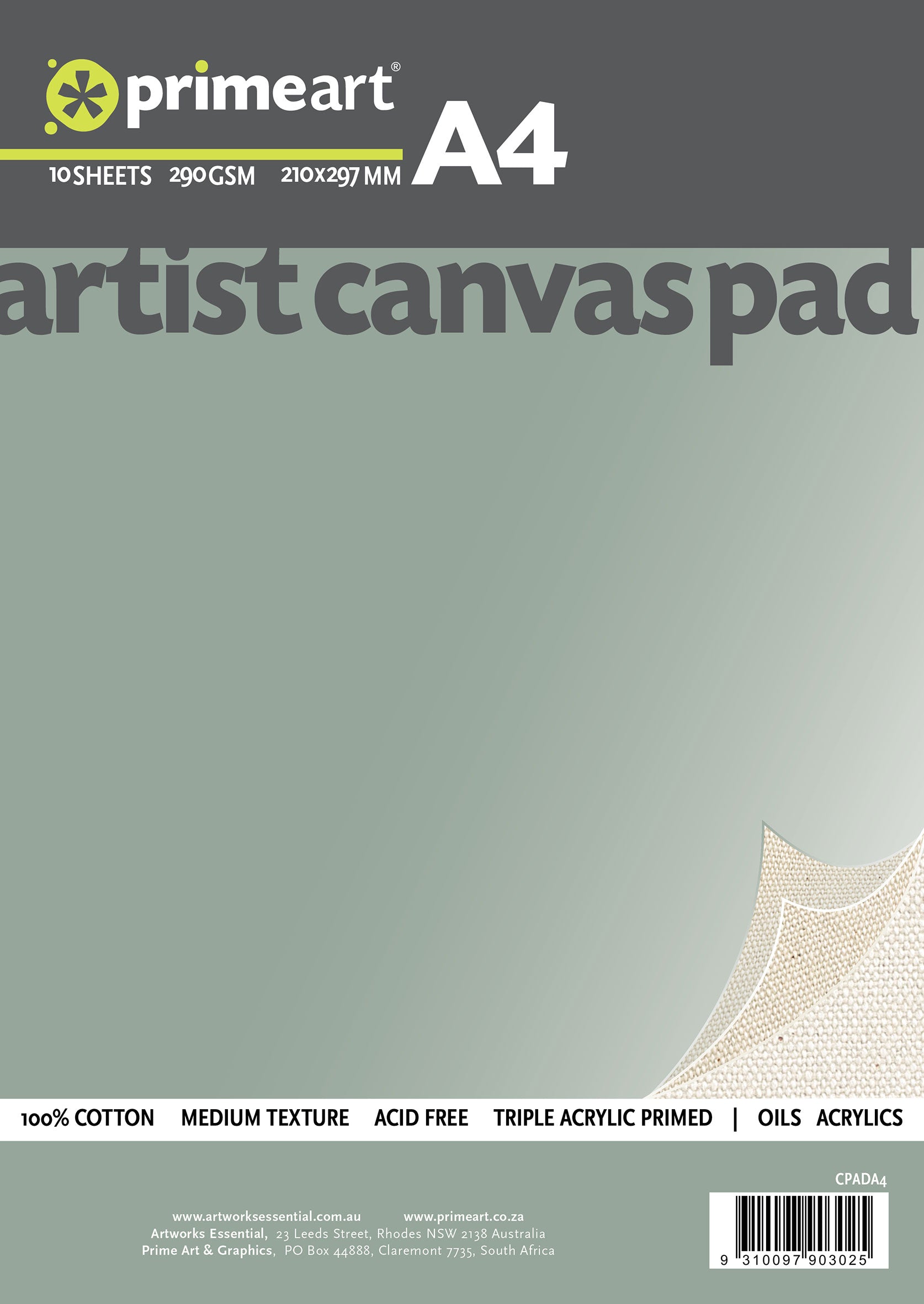 Prime Art Canvas Pad 290gsm 10 sheets