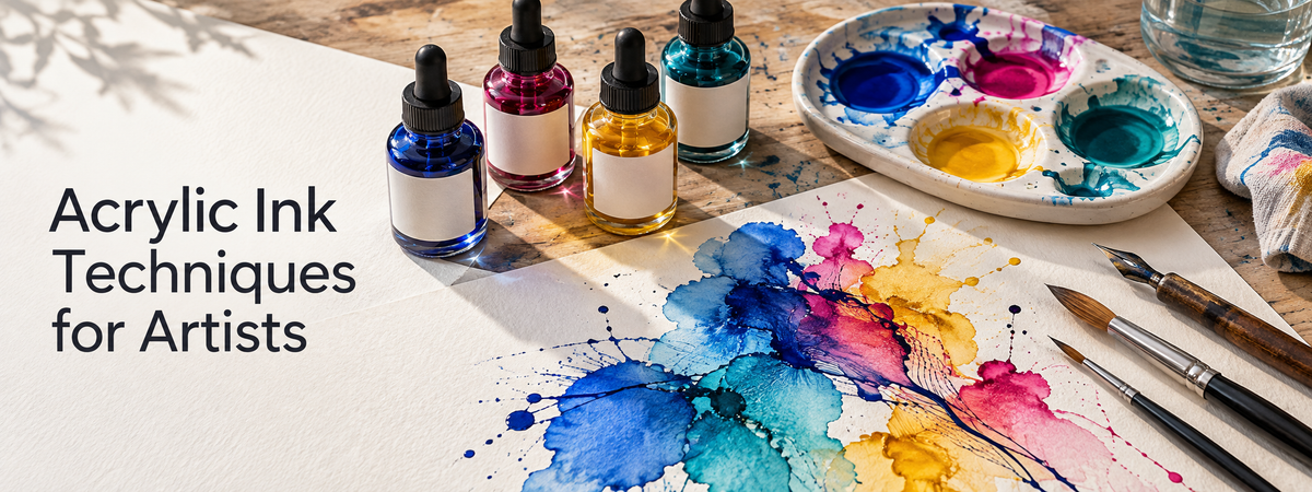 Acrylic ink techniques with colourful washes, dropper bottles, brushes and mixed media paper