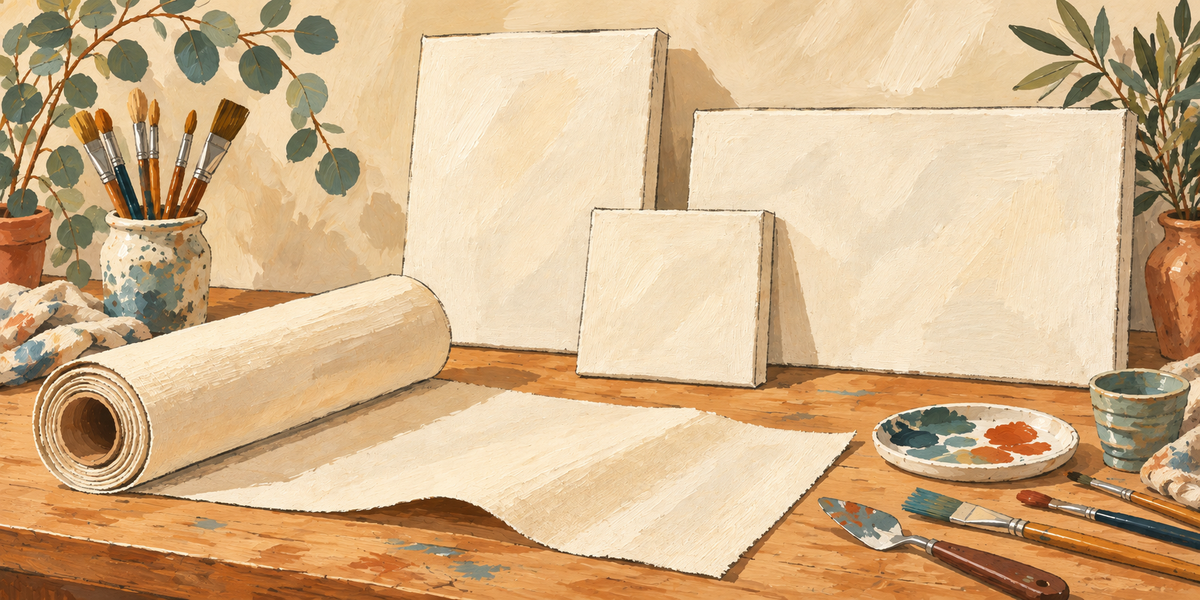 Wide illustration of a canvas roll, blank stretched canvases in different sizes, and painting tools on a studio table.