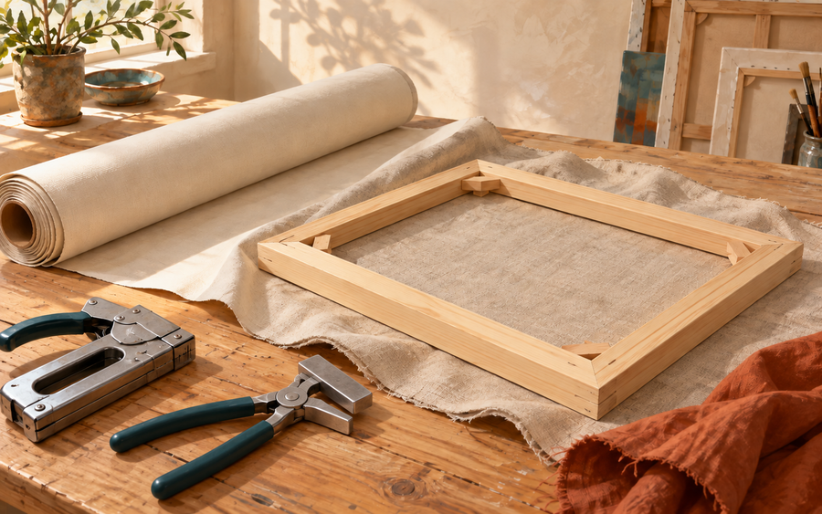 Illustration of a canvas roll, wooden stretcher and loose linen with a staple gun and broad-jaw canvas pliers on a studio table.