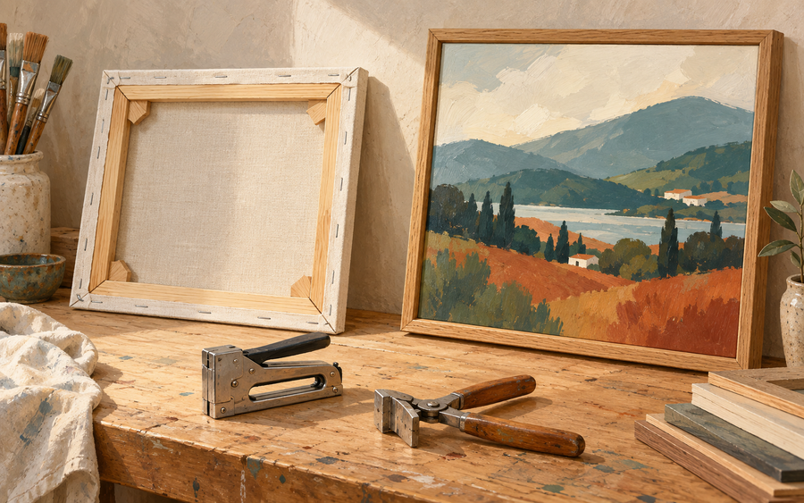 Illustration of a stretched canvas back beside a framed landscape painting, staple gun and canvas pliers on a studio workbench.
