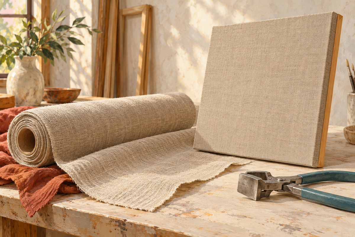 Illustration of a natural linen roll beside a taut linen canvas and broad-jaw stretching pliers in a sunlit studio.