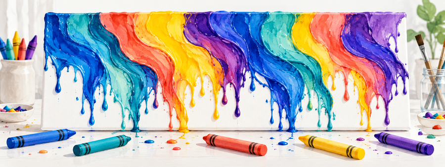 Original illustration of colourful melted wax ribbons flowing across a canvas with crayons in the foreground
