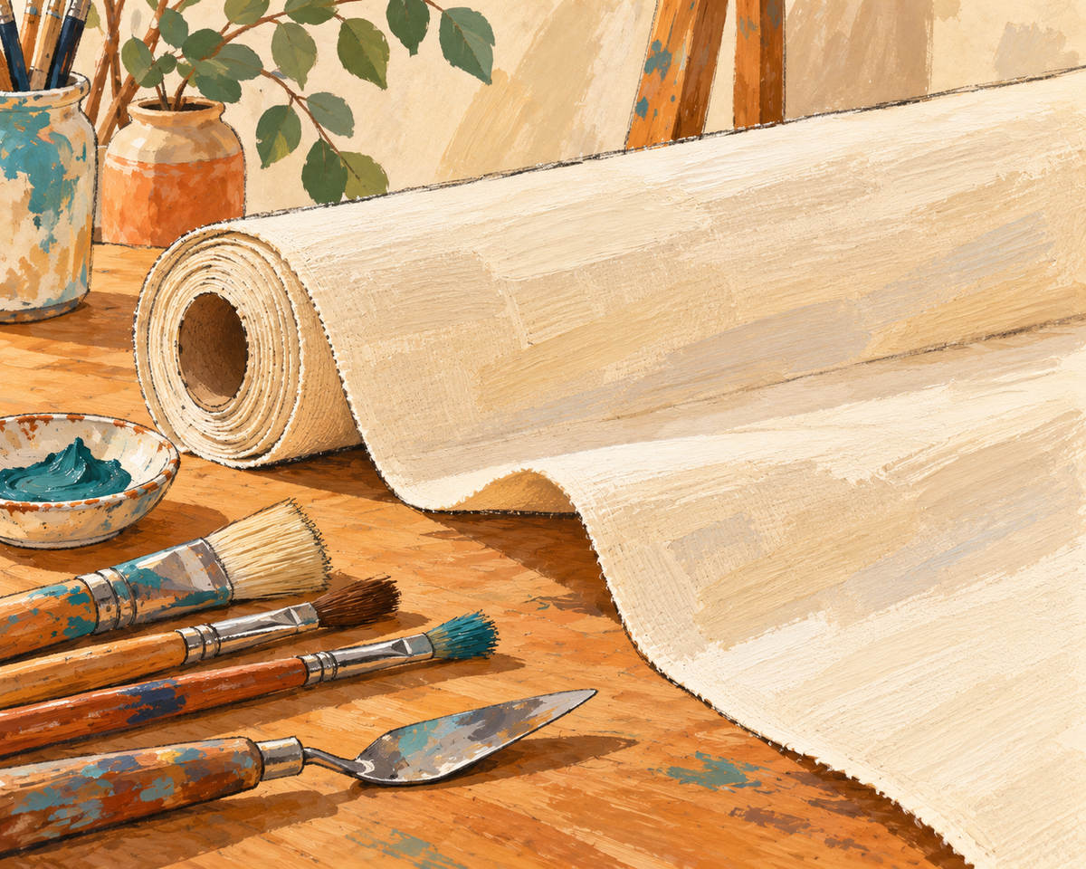 Illustration of an unpainted canvas roll unfurling across a warm tabletop beside paintbrushes and a palette knife.