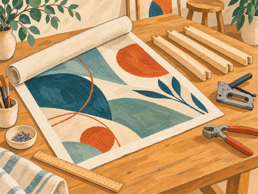 Illustration of a partly unrolled abstract canvas print beside bare stretcher bars and framing tools on a studio table.