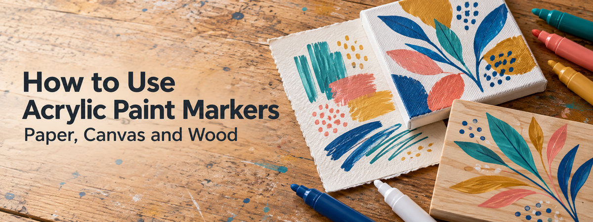 Acrylic paint marker techniques demonstrated on textured paper, primed canvas and a wood painting panel