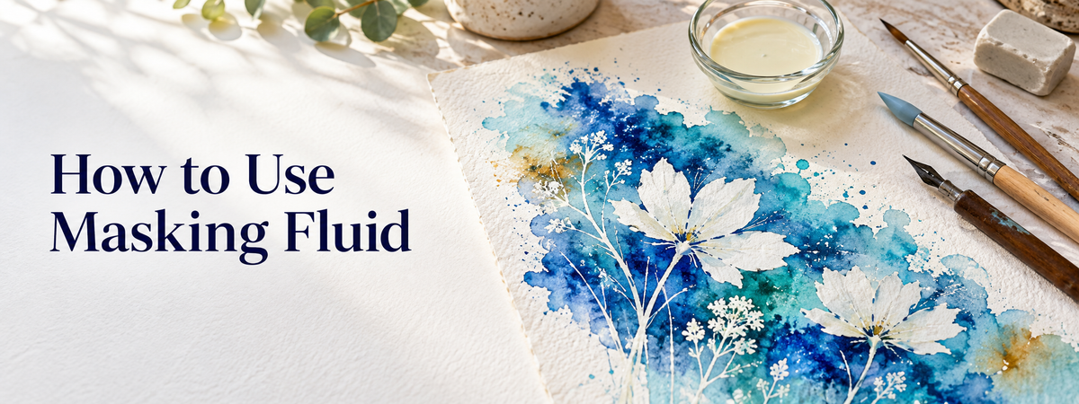 Watercolour painting with crisp white masked flowers beside masking fluid tools