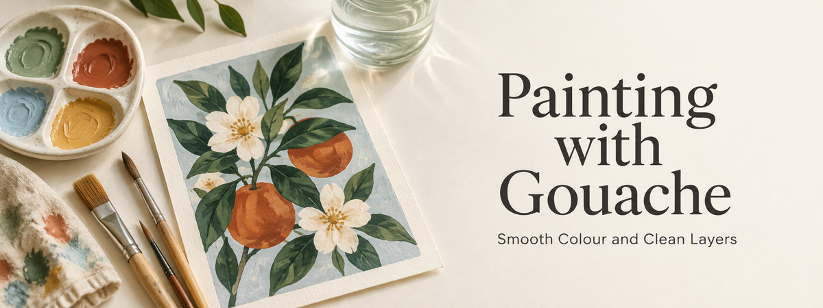 Gouache botanical painting with opaque orange fruit, white flowers and green leaves beside a ceramic palette and artist brushes