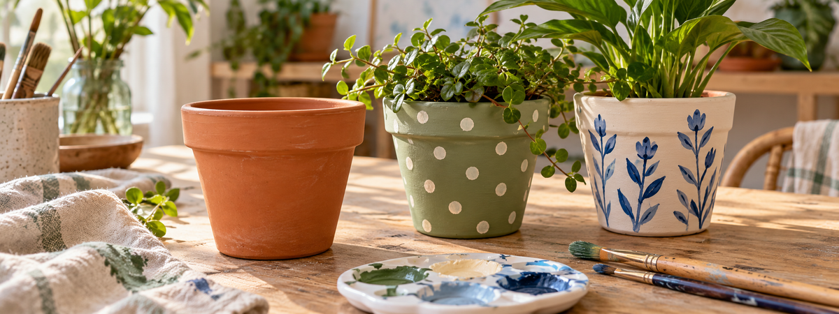Terracotta pots with sage green and blue botanical painted designs beside brushes and a paint palette