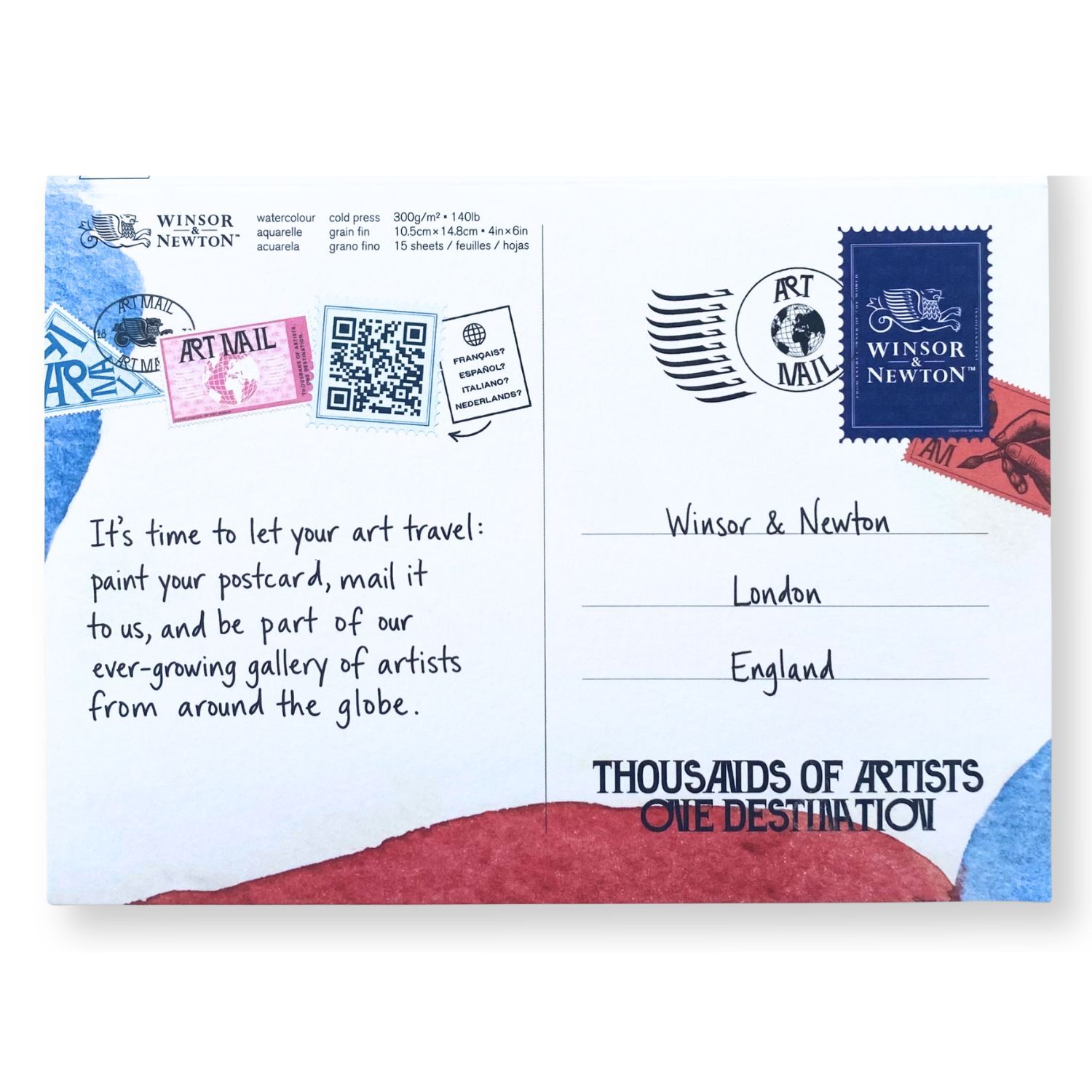 A printed postcard cover or envelope-style art postcard from Winsor & Newton, shown front and back on a white background. The left side has watercolor-style blue and red areas, a pink stamp illustration, QR codes, and printed text inviting readers to let art travel.