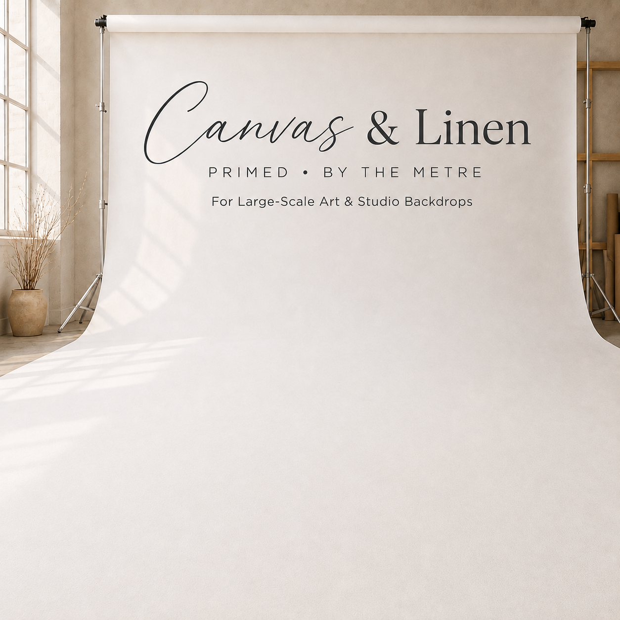 A large off-white photography backdrop roll displayed on a stand in a bright studio space. The printed text reads 'Canvas & Linen' with smaller text 'PRIMED • BY THE METRE' and 'For Large-Scale Art & Studio Backdrops.