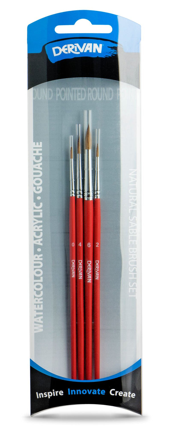 Derivan Professional Pure Natural Sable Round Pointed Watercolour Brush Set of 4 - Art Supplies Australia