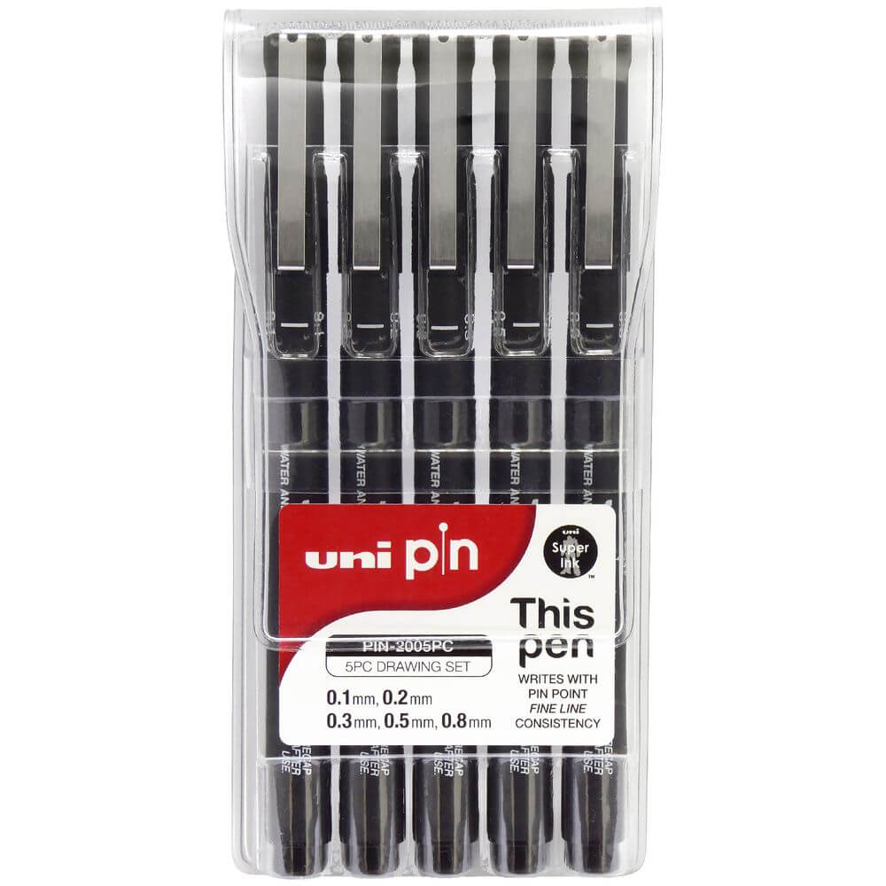 Uni Pin 200 Black Fine Liners 5 pk 0.03,0.2,0.5,0.8,Br