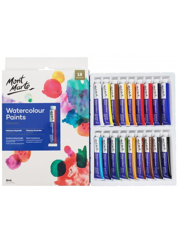 Mont Marte Premium Watercolour Paint Set 18 x 8ml Tubes - Art Supplies Australia
