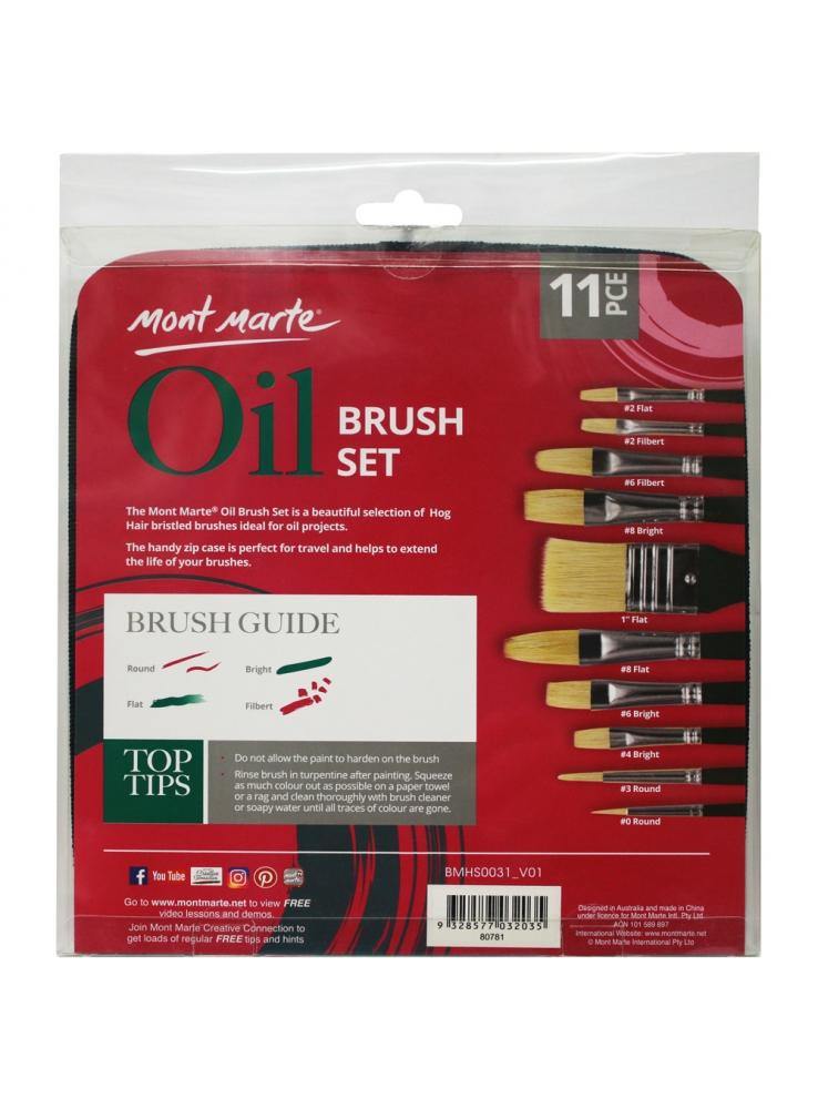 Mont Marte Hog Bristle Brush Set in Wallet 11pce - Oil - Art Supplies Australia