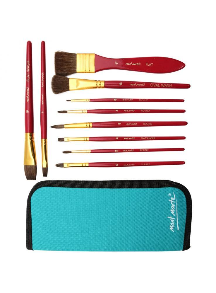 Mont Marte Mixed Bristle Brush Set Wallet 11pce - Watercolour - Art Supplies Australia