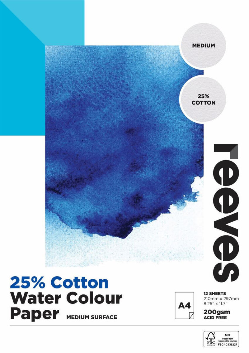 Reeves 25% Cotton Watercolour Pads 200GSM 12 Sheets - Art Supplies Australia
